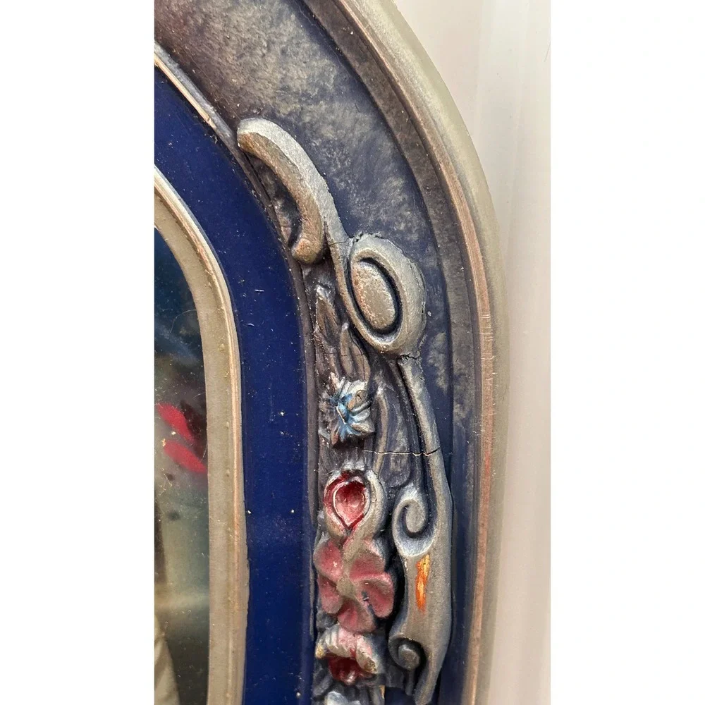 Antique Bubble Glass Hand Tinted Portrait Cobalt Blue Octagon Convex Frame 21x14